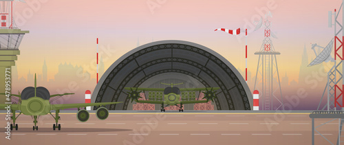 Military airport, runway and aviation control point. Cartoon style.