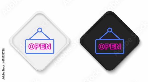 Line Hanging sign with text Open door icon isolated on white background. Colorful outline concept. Vector