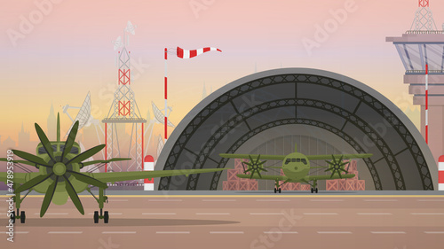 Airport with military aircraft, runway and flight control point. Vector.
