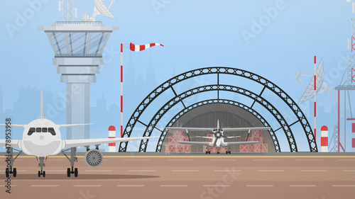 Airport with military aircraft, take-off strip and flight control point. Vector.