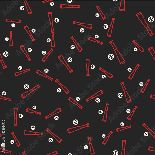Line Baseball bat with ball icon isolated seamless pattern on black background. Vector