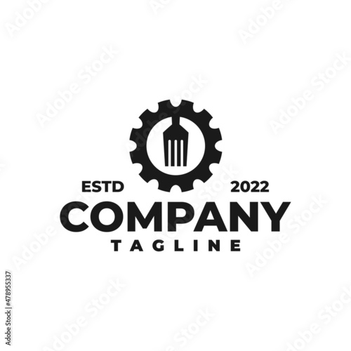illustration of a cog with a fork inside. food factory logo vector template.