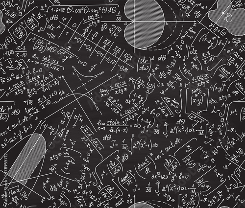 Scientific math vector seamless background with handwritten shuffled figures, plots and formulas, grey blackboard class handwritings