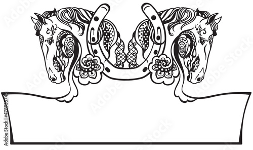 two horses heads in profile and a horseshoe. Flower style. Banner, template, logo. Isolated black and white vector illustration