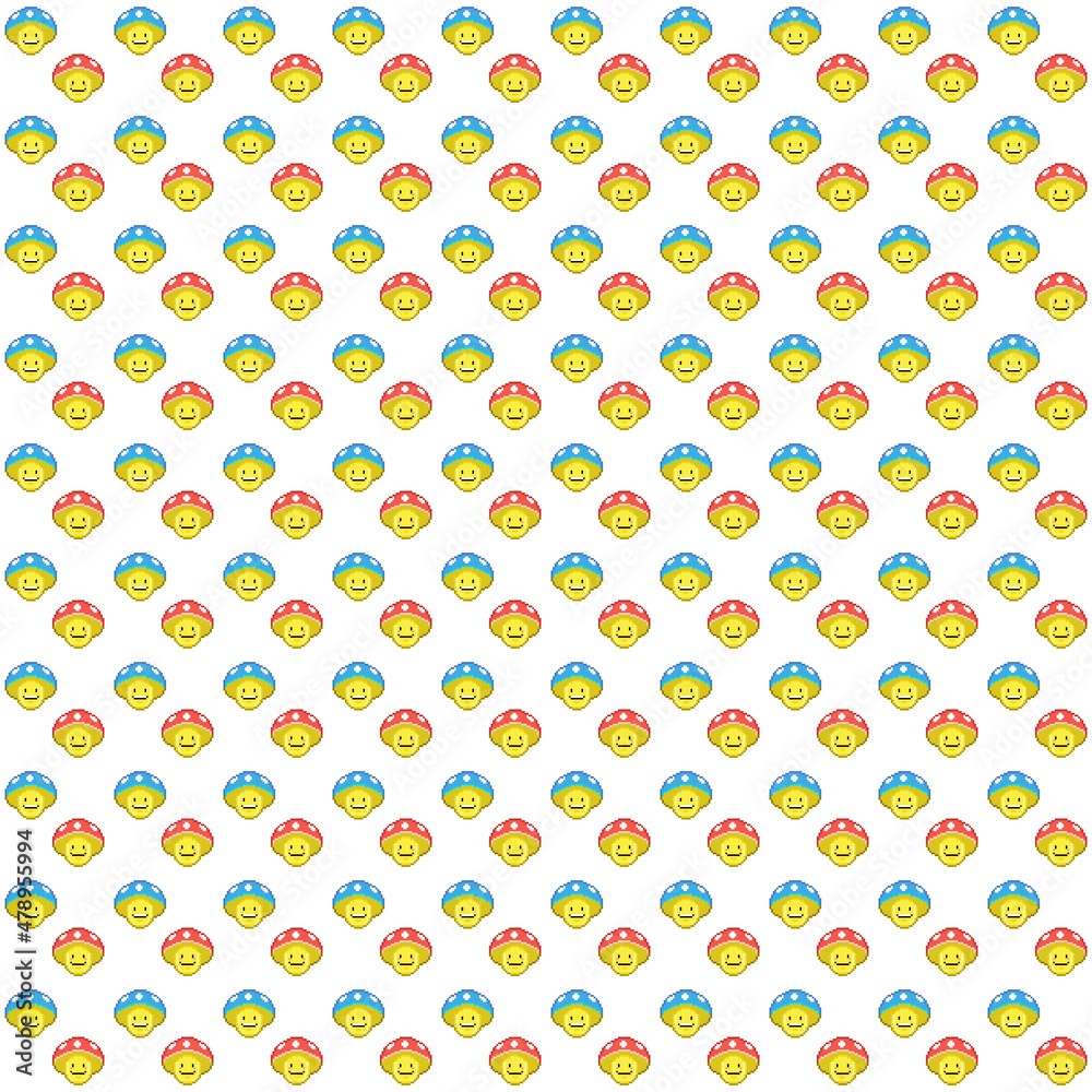 simple vector pixel art green seamless pattern of cartoon cute mushroom characters with red and blue hat on white background