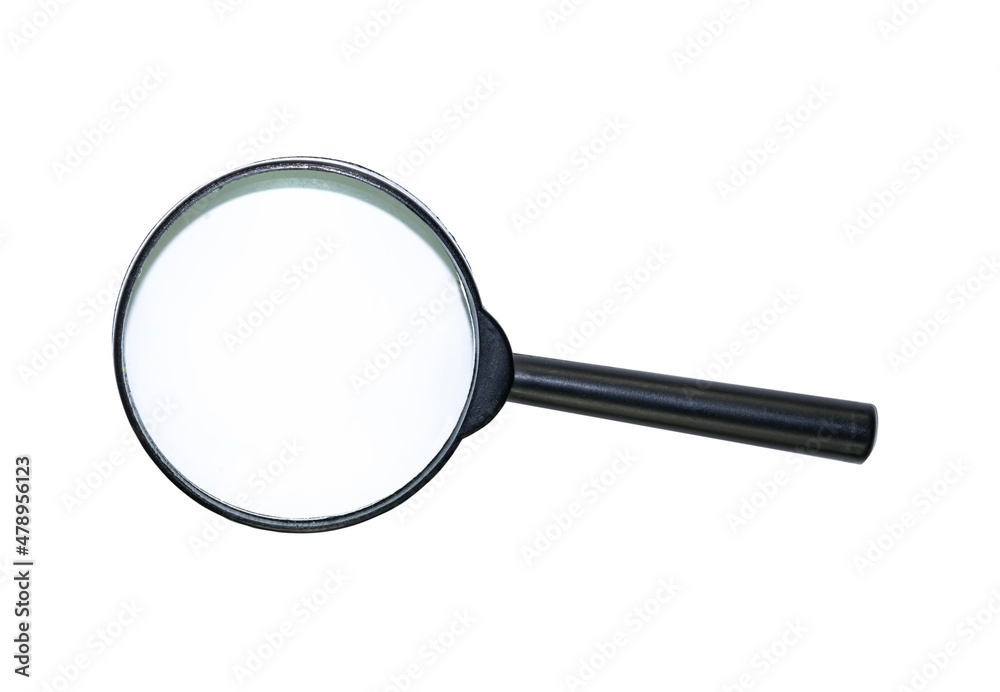 Glass magnifier with black plastic handle, isolated on a white background Glass magnifier with black plastic handle, isolated on a white background