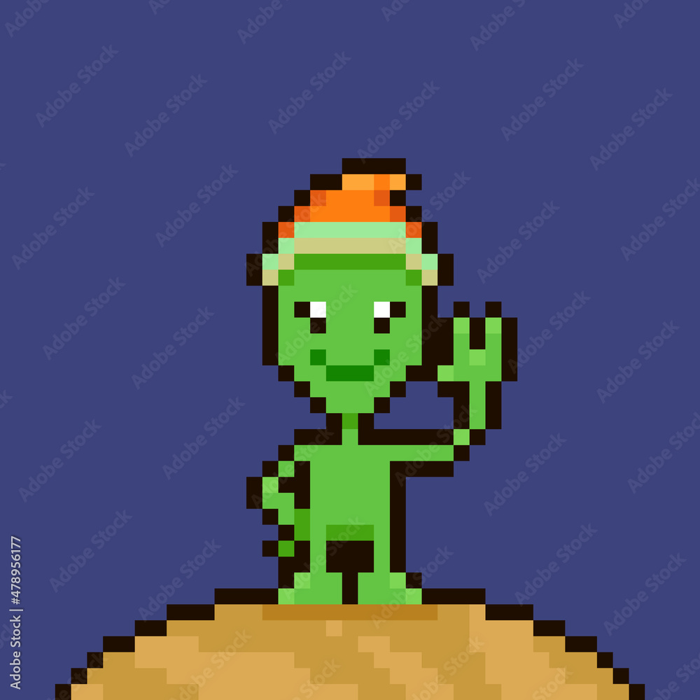 colorful simple flat pixel art illustration of cartoon friendly smiling green alien in red santa hat standing on the planet