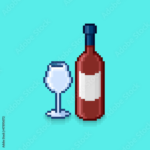 colorful simple flat pixel art illustration of bottle of red wine and wineglass beside