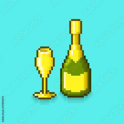colorful simple flat pixel art illustration of bottle of sparkling wine or champagne and wineglass beside