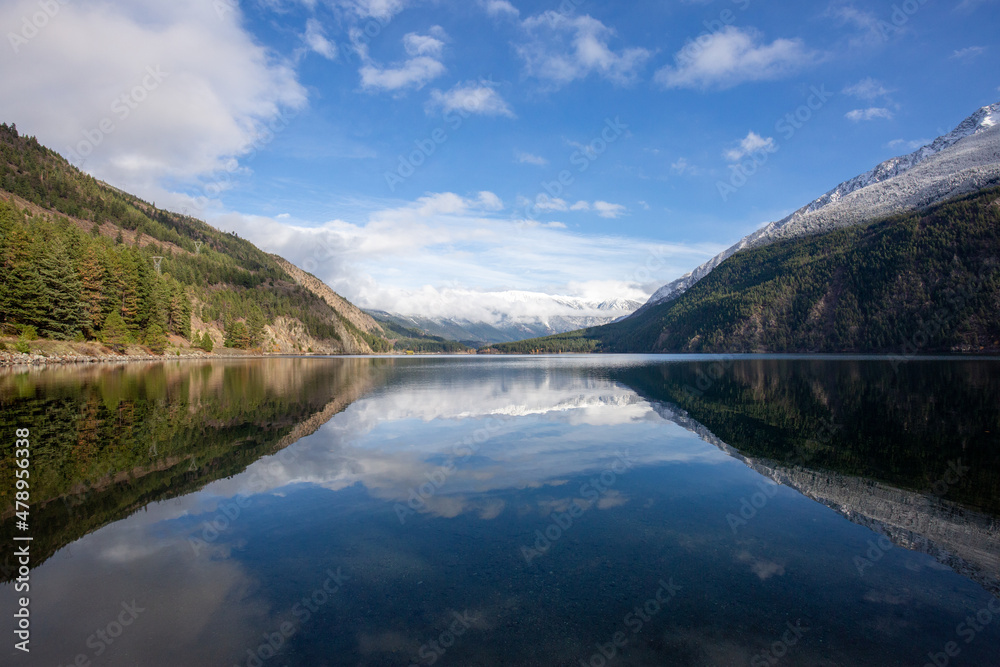 Tranquil lake surrounded by mountains with snow and green forest. Tranquil lake surrounded by mountains with snow and green forest.
