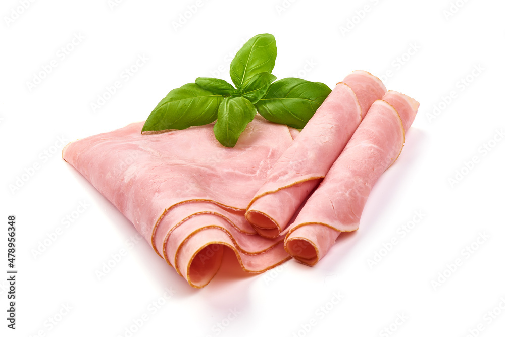 Boiled Ham Slices, close-up, isolated on a white background. Boiled Ham Slices, close-up, isolated on a white background.