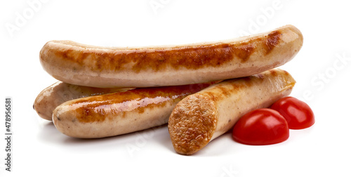 Grilled German sausages, Thuringer Rostbratwurst, isolated on white background.