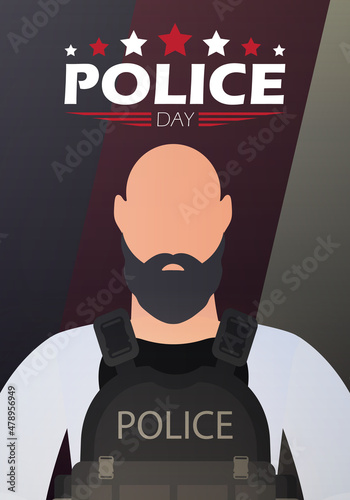 Police day banner. Policeman on the background of the flag. Cartoon style.