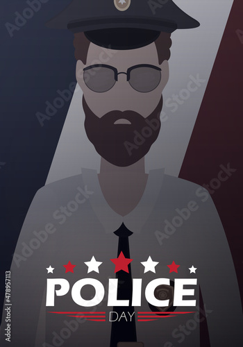 Police day banner. Police officer in uniform. Cartoon style.