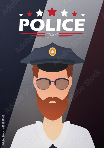 Police Day. Policeman on the background of the flag. Cartoon style.