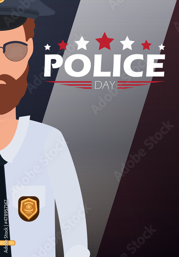 Police day banner. Policeman on the background of the flag. Cartoon style.