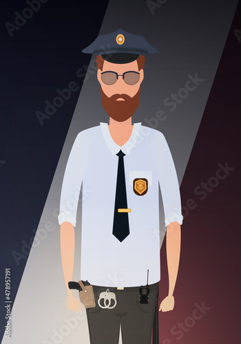 Policeman on the background of the flag. Cartoon style.