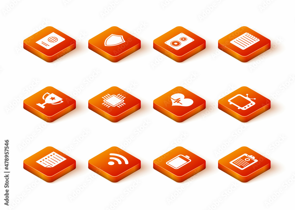 Set Document, Wi-Fi wireless network, Trophy cup, Processor with CPU, Battery and Heart rate icon. Vector Set Document, Wi-Fi wireless network, Trophy cup, Processor with CPU, Battery and Heart rate icon. Vector
