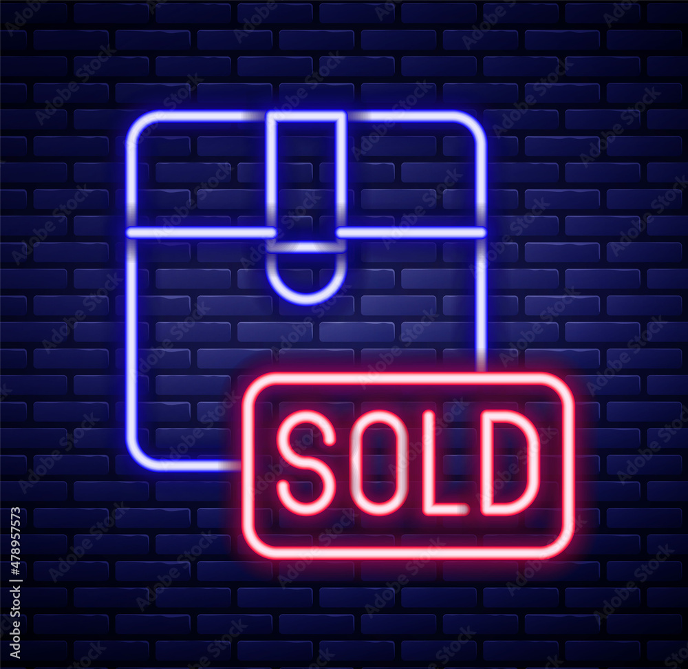 Glowing neon line Sold icon isolated on brick wall background. Colorful outline concept. Vector Glowing neon line Sold icon isolated on brick wall background. Colorful outline concept. Vector