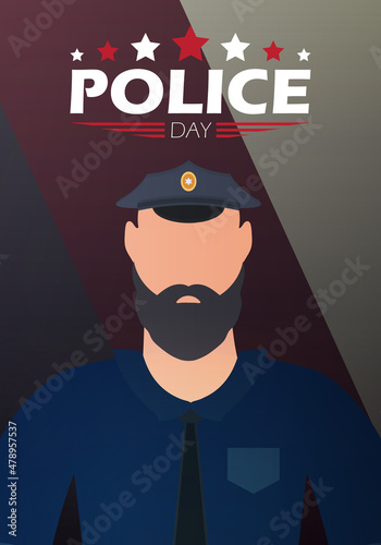 Police day banner. Policeman on the background of the flag. Vector illustration.