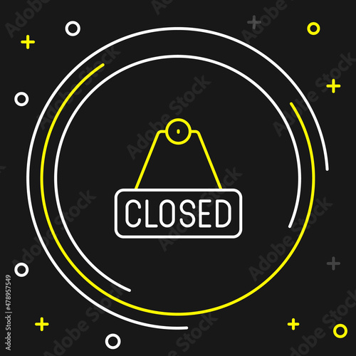 Line Hanging sign with text Closed icon isolated on black background. Business theme for cafe or restaurant. Colorful outline concept. Vector
