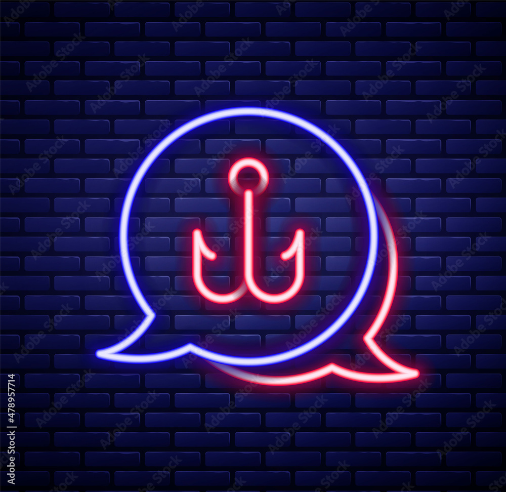Glowing neon line Fishing hook icon isolated on brick wall background. Fishing tackle. Colorful outline concept. Vector Glowing neon line Fishing hook icon isolated on brick wall background. Fishing tackle. Colorful outline concept. Vector
