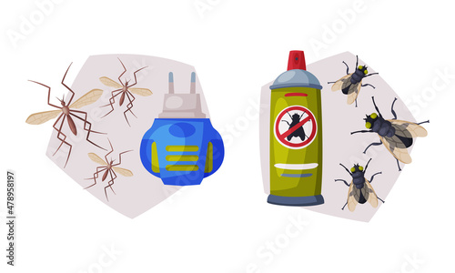Pest Control with Chemical in Bottle and Mosquito Vector Set