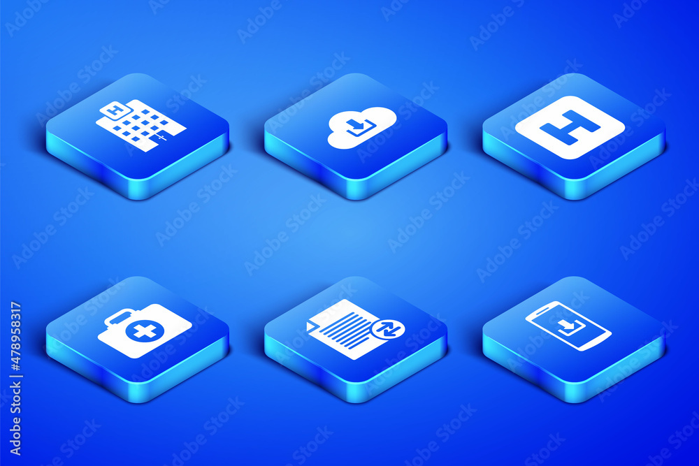 Set Smartphone with download, Medical hospital building, Transfer files, First aid kit, Cloud and Hospital icon. Vector