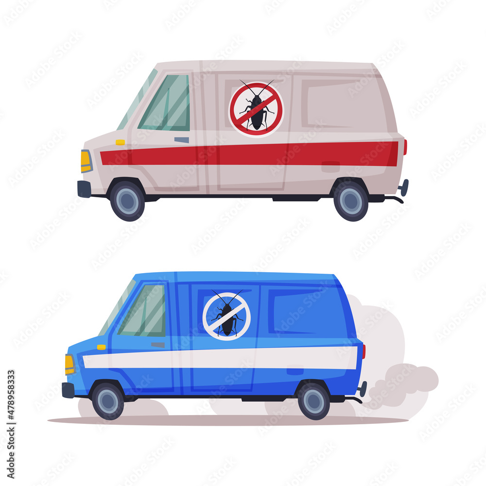 Pest Control Service with Van Vehicle Vector Set