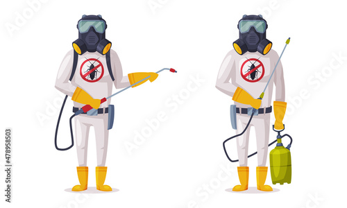 Pest Control Service with Equipped Man in Protective Suit Holding Chemical Cylinder Vector Set