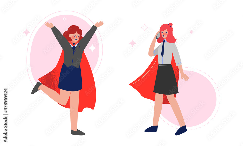 Super Business Woman Character in Red Cape Speaking by Phone and Jumping Vector Set