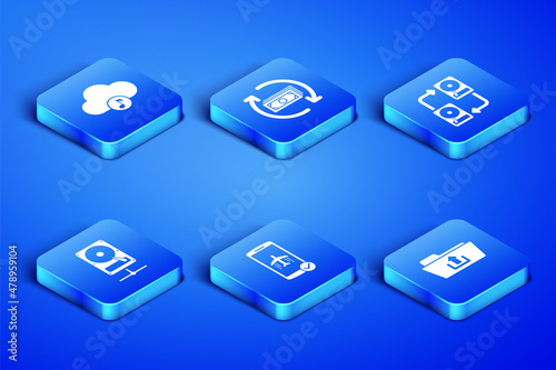 Set Folder upload, Music streaming service, Flight mode the mobile, Hard disk drive on sharing network, Refund money and Data exchange with hhd icon. Vector