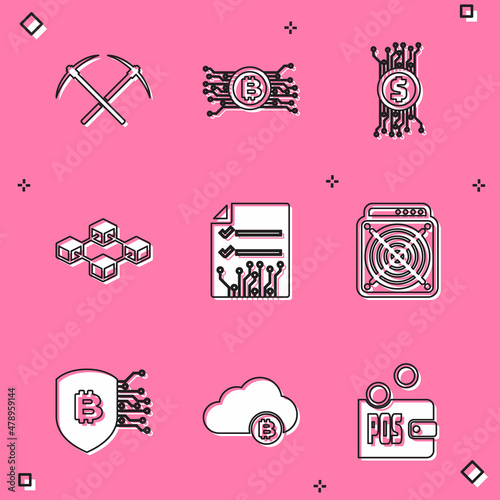 Set Crossed pickaxe, Cryptocurrency bitcoin in circuit, , Blockchain technology, Smart contract and ASIC Miner icon. Vector