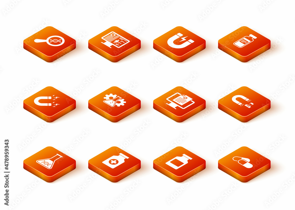 Set DNA research, search, Medicine bottle, Magnet with lightning, Bioengineering, and Clinical record on monitor icon. Vector Set DNA research, search, Medicine bottle, Magnet with lightning, Bioengineering, and Clinical record on monitor icon. Vector