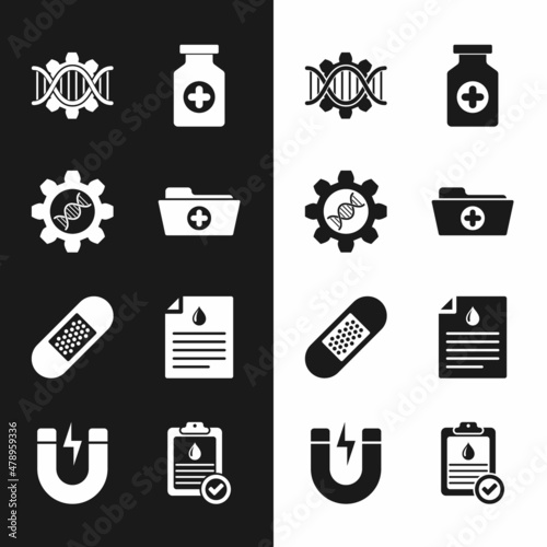 Set Health record folder, Genetic engineering, , Medicine bottle, Bandage plaster and Clipboard with blood test icon. Vector