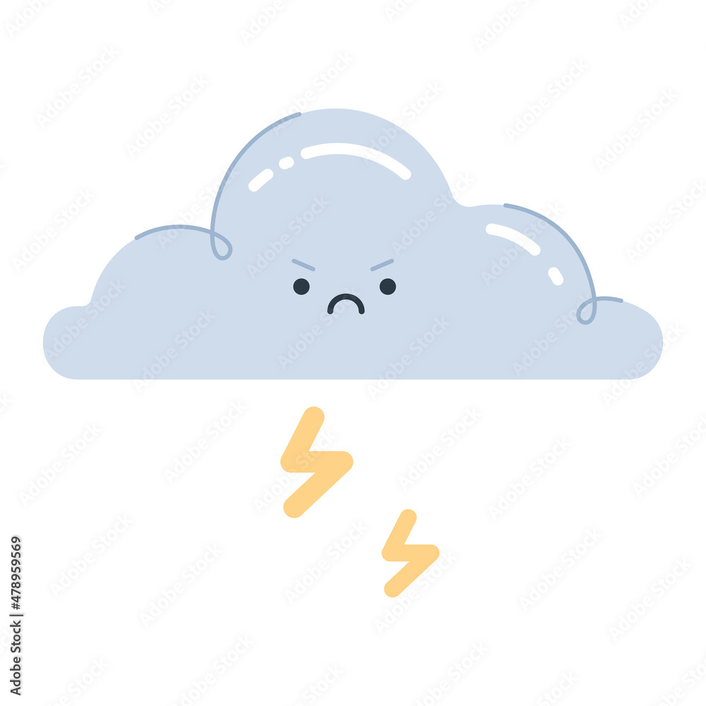 Angry cloud with lightning strikes. Cute thunder storm weather icon with childish character. Colored flat vector illustration isolated on white background Angry cloud with lightning strikes. Cute thunder storm weather icon with childish character. Colored flat vector illustration isolated on white background