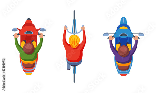 People Driving Motorbike and Riding Bicycle Holding Handlebar Above View Vector Set