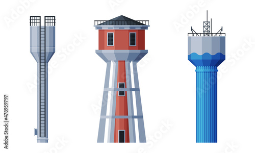 Elevated Water Tower with Tank as Water Supply Storage Vector Set