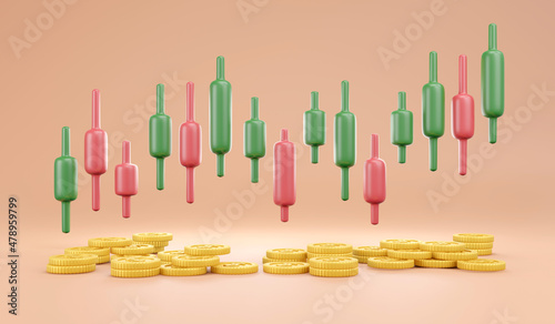 3D Rendering of minimal trading graph red and green with coins on background concept of stock market data analysis trend in stock market. 3D Render illustration.