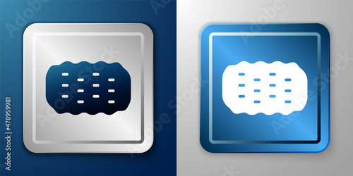 White Sponge icon isolated on blue and grey background. Wisp of bast for washing dishes. Cleaning service logo. Silver and blue square button. Vector