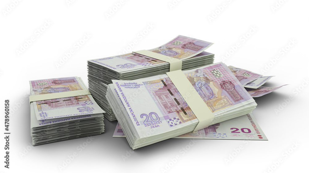 3D Stack of 20 Bulgarian lev notes isolated on white background 3D Stack of 20 Bulgarian lev notes isolated on white background