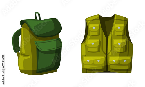 Fisherman Green Vest with Pockets and Backpack Vector Set
