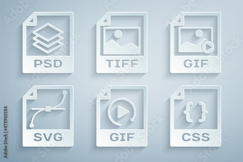 Set GIF file document, , SVG, CSS, TIFF and PSD icon. Vector