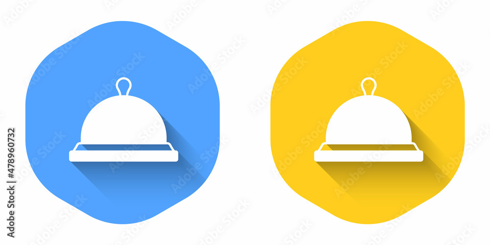 White Covered with a tray of food icon isolated with long shadow background. Tray and lid sign. Restaurant cloche with lid. Circle button. Vector White Covered with a tray of food icon isolated with long shadow background. Tray and lid sign. Restaurant cloche with lid. Circle button. Vector
