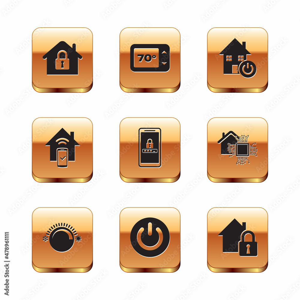 Set House under protection, Thermostat, Power button, Mobile and password, Smart home remote control system, and icon. Vector Set House under protection, Thermostat, Power button, Mobile and password, Smart home remote control system, and icon. Vector