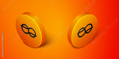 Isometric Nautical rope knots icon isolated on orange background. Rope tied in a knot. Orange circle button. Vector