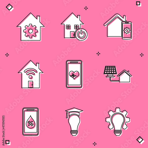 Set Smart home settings, remote control system, with wi-fi, Mobile heart rate, House solar panel, Humidity for smart and Light bulb and graduation cap icon. Vector