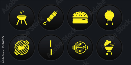 Set Barbecue grill with steak, knife, sausage, Burger, Grilled shish kebab, and icon. Vector