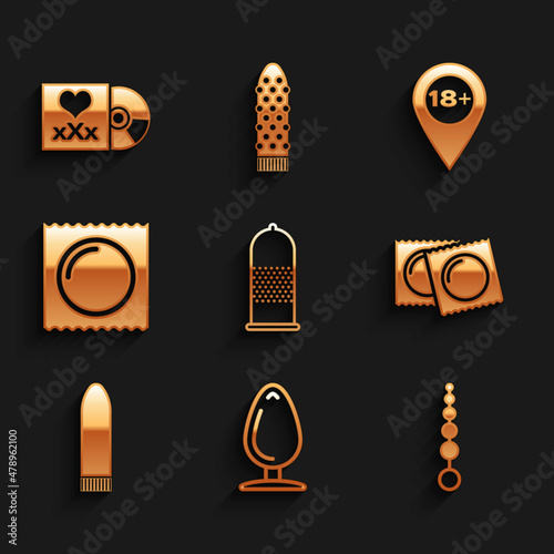 Set Condom safe sex, Anal plug, beads, Condoms in package, Dildo vibrator, Location with 18 plus and Disc inscription Sex icon. Vector