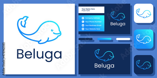 Beluga Simple Animal Whale Ocean Underwater Fish Wildlife Logo Design with Business Card Template
